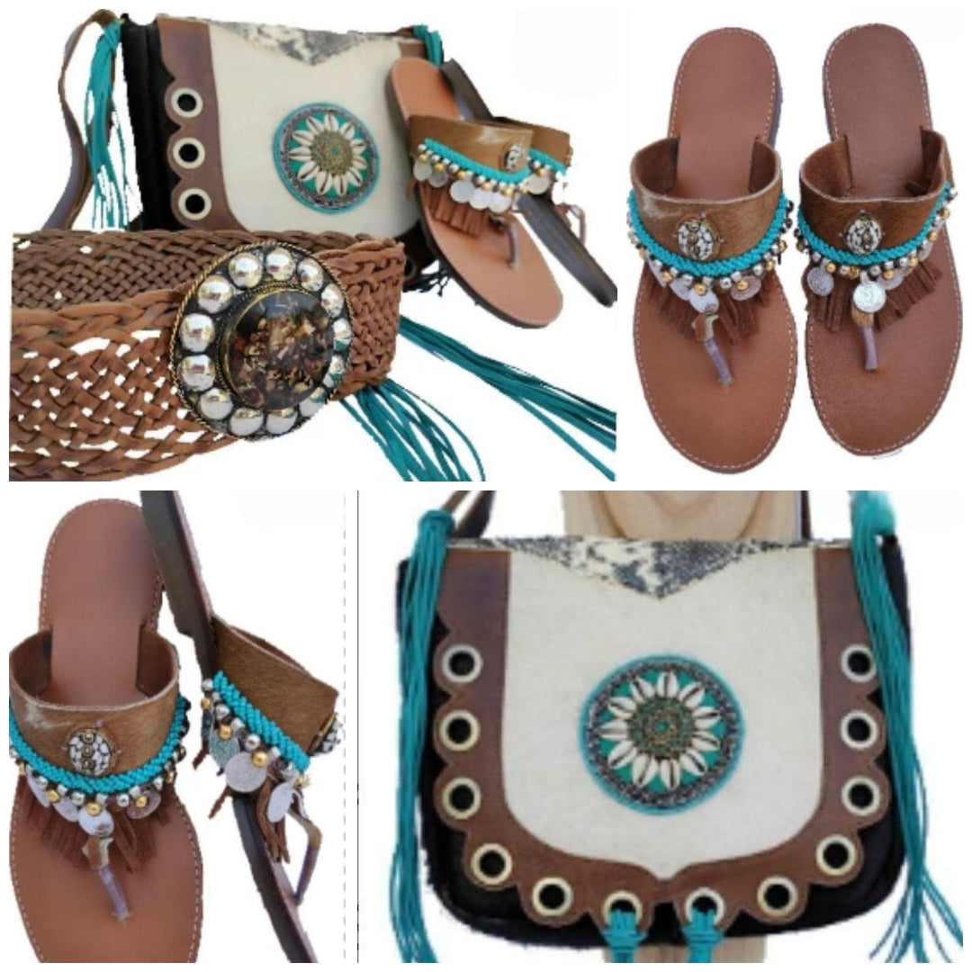 Sandalias de piel + bolso + cinturón boho (piel)