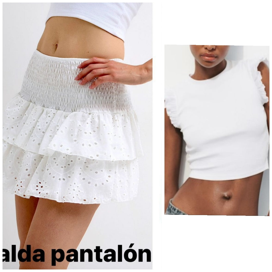 Conjunto IBIZA. Conjunto blanco de minifalda con pantalón debajo + top. Muy  cómodo. Talla única, da hasta la 40