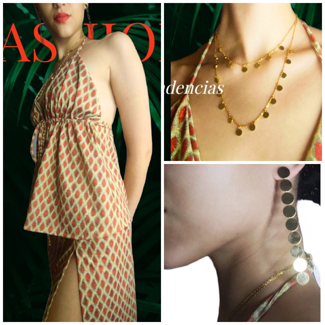 CONJUNTO Mod ROMA. Lurex Dorado, teja oscuro y verde salvia. Falda larga. Talla única. Da hasta la talla 38