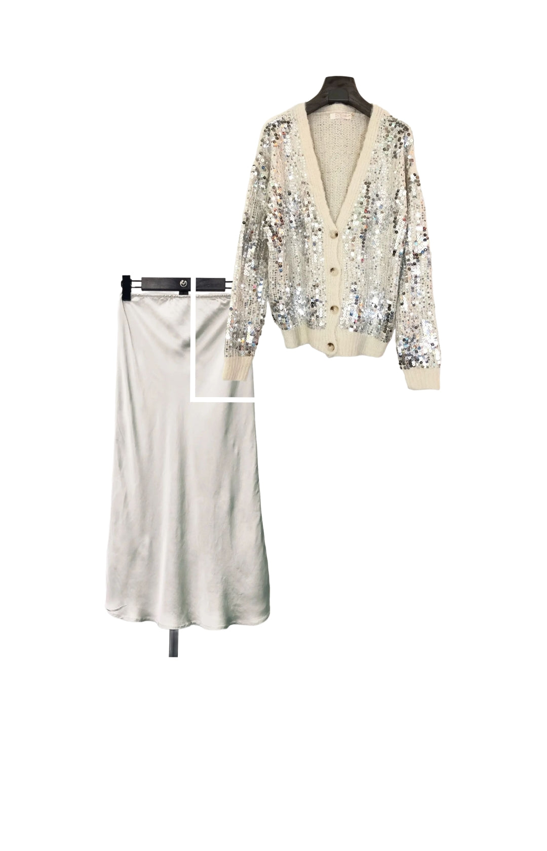 Coleccion HELENA: CONJUNTO de Falda de punto desflecada modelo VAINILLA + Chaqueta de Lentejuelas Helena 1 y 2. Talla única. Da hasta la talla 38-40