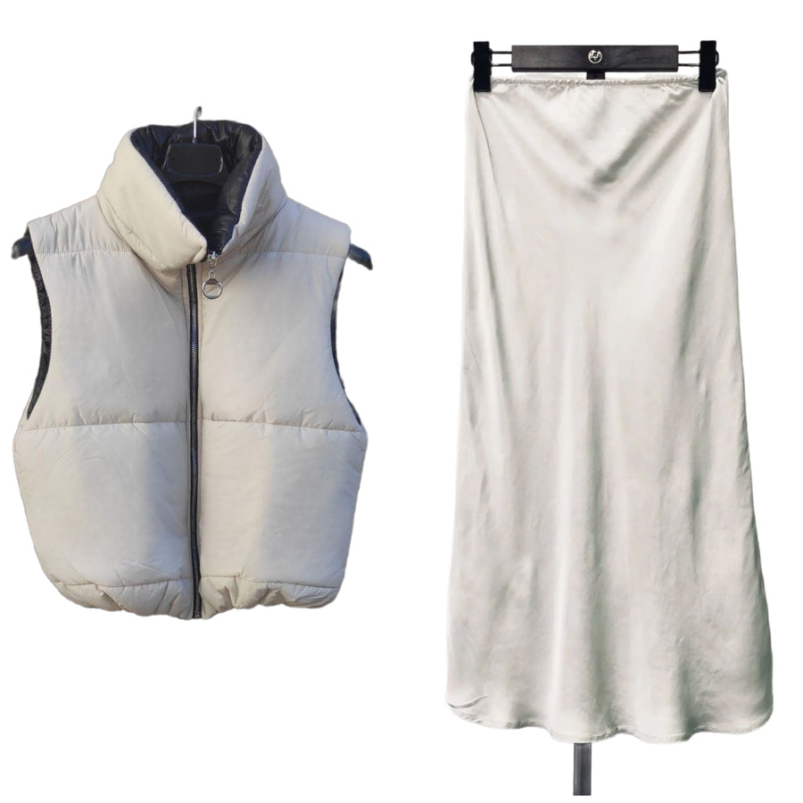 CONJUNTO: Falda lencera marfil o Falda talla M+ Chaleco Mod. Azores. Chaleco acolchado