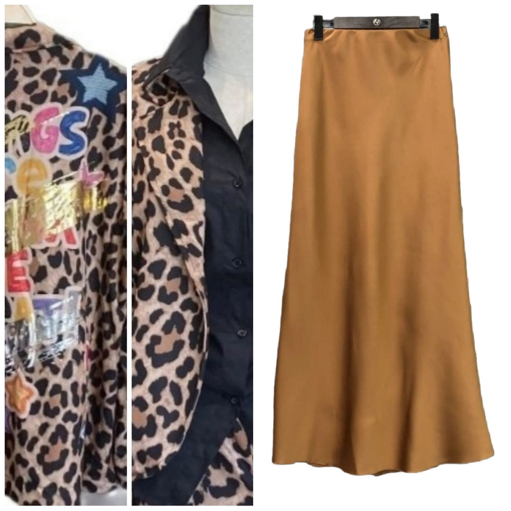 CONJUNTO: FALDA LENCERA CAMEL + AMERICANA Animal Print mod QUEEN  (tonos cálidos). Talla única. Da hasta la talla 38. CALIDAD PREMIUM
