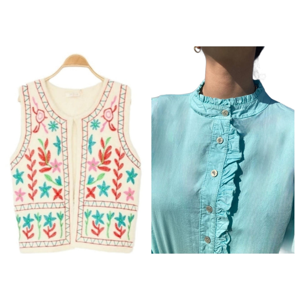 NOVEDAD: Chaleco Mod ANITA. Color Beige con bordados Azul Turquesa, naranjas, verde. Calidad PREMIUM