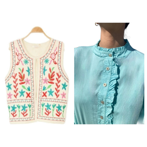 NOVEDAD: Chaleco Mod ANITA. Color Beige con bordados Azul Turquesa, naranjas, verde. Calidad PREMIUM
