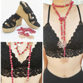 Crochet-style black espadrilles + long open necklace with coral branch-style charms