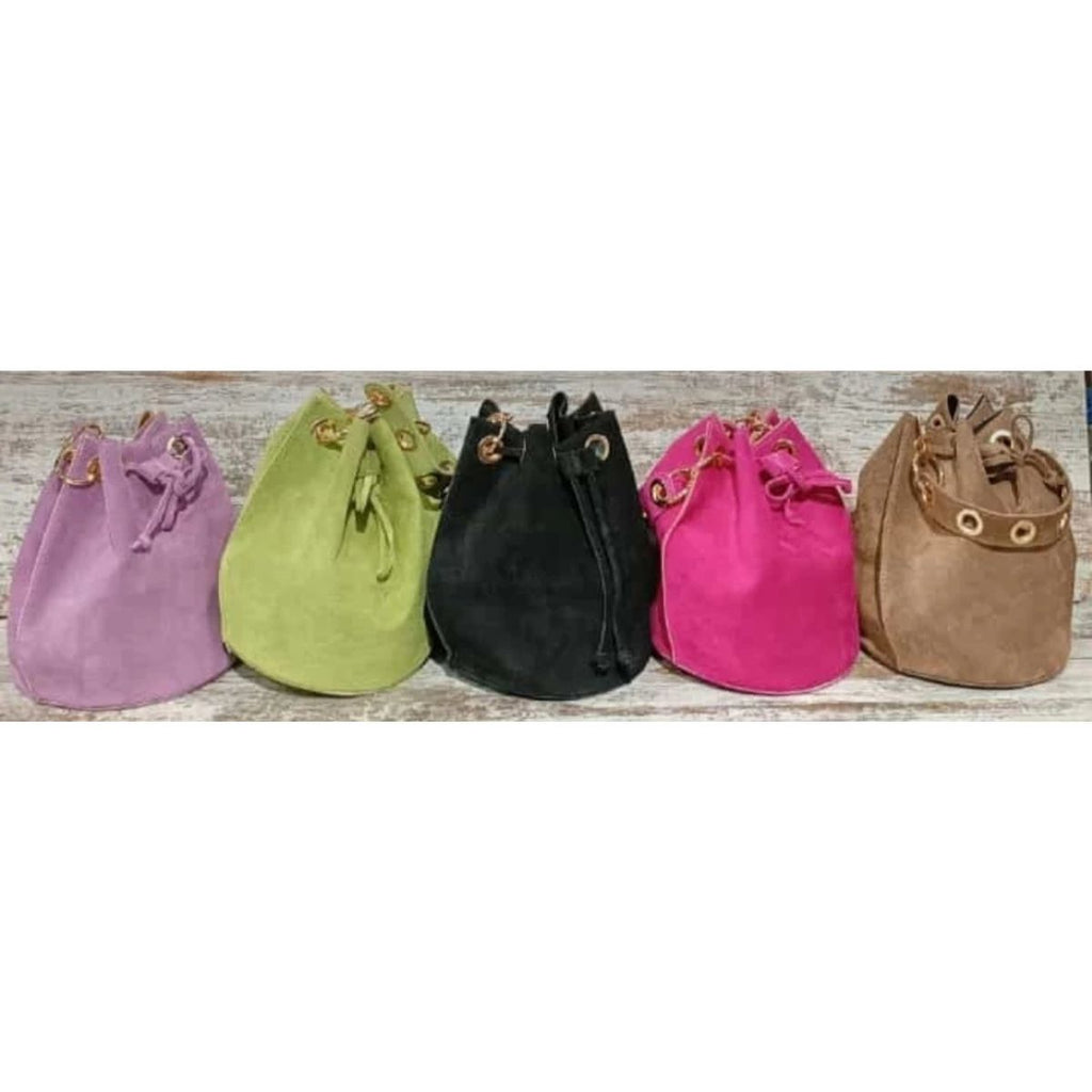 BOLSO Bombonera de PIEL de ante con asa de ollaos + cadena dorada. Varios colores disponibles