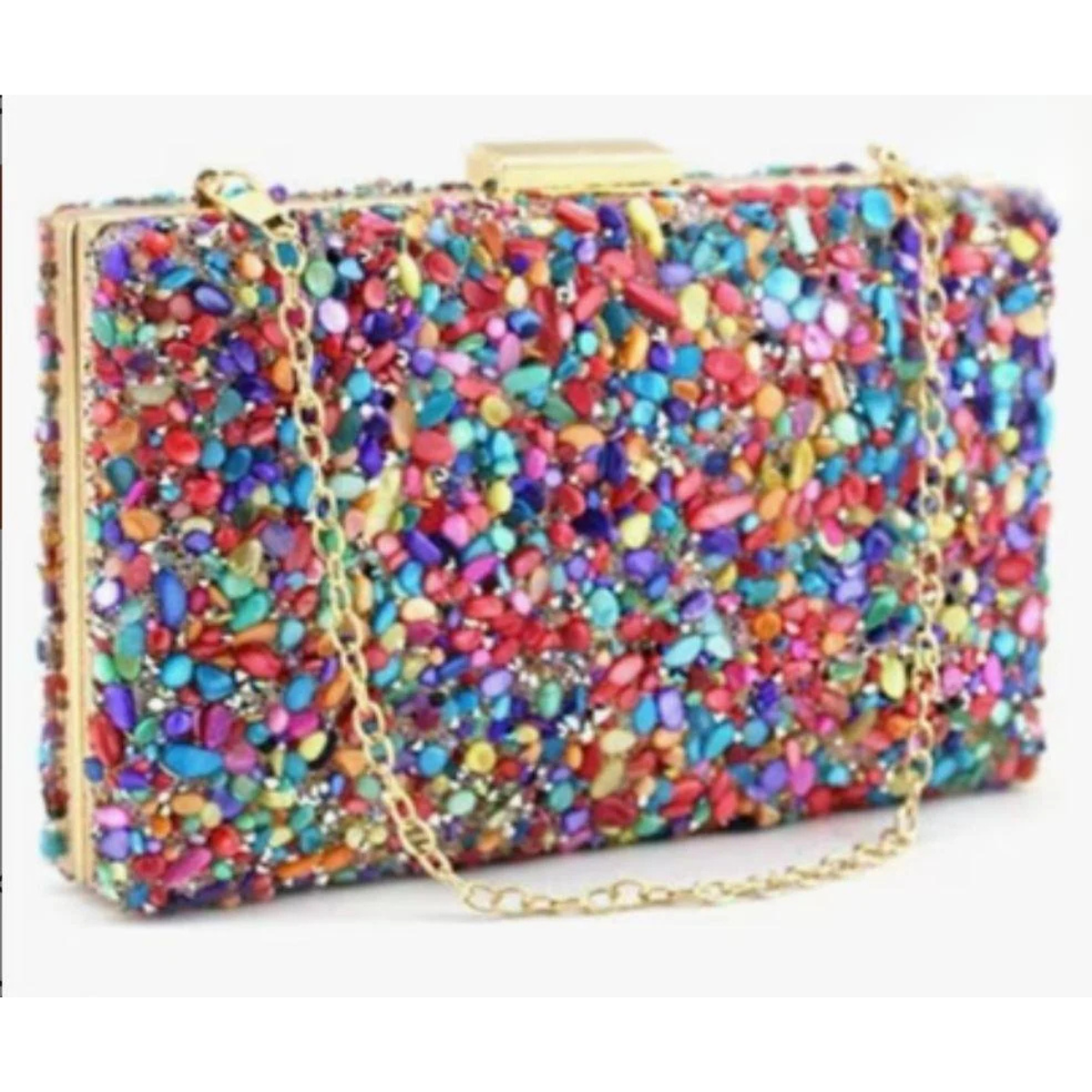 Bolso fiesta. Clutch de piedritas de múltiples colores. Muy combinable y elegante