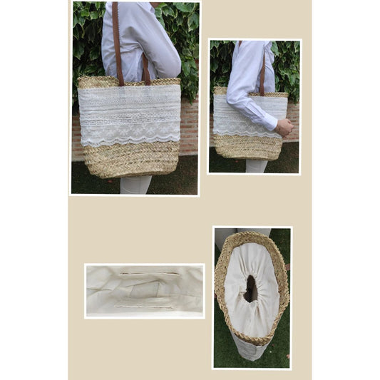 Rectangular bag or carrycot, natural fibers. Decorated with white cotton lace. Leather handles.