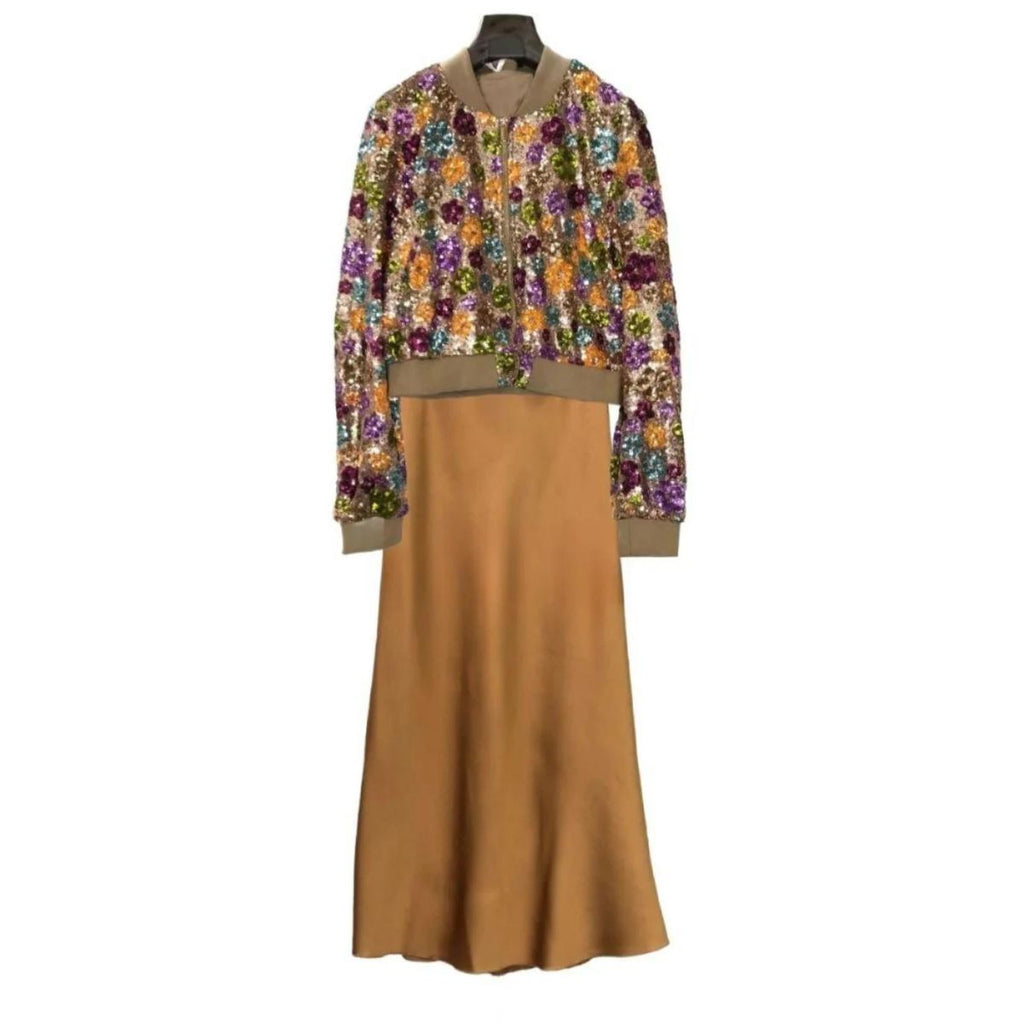 CONJUNTO:  Falda lencera camel y Bomber de lentejuelas para mujer