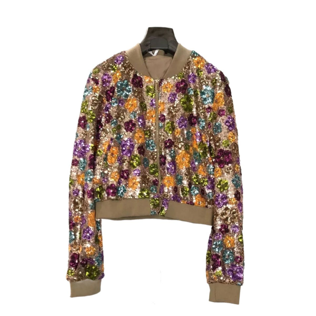 CONJUNTO:  Falda lencera camel y Bomber de lentejuelas para mujer