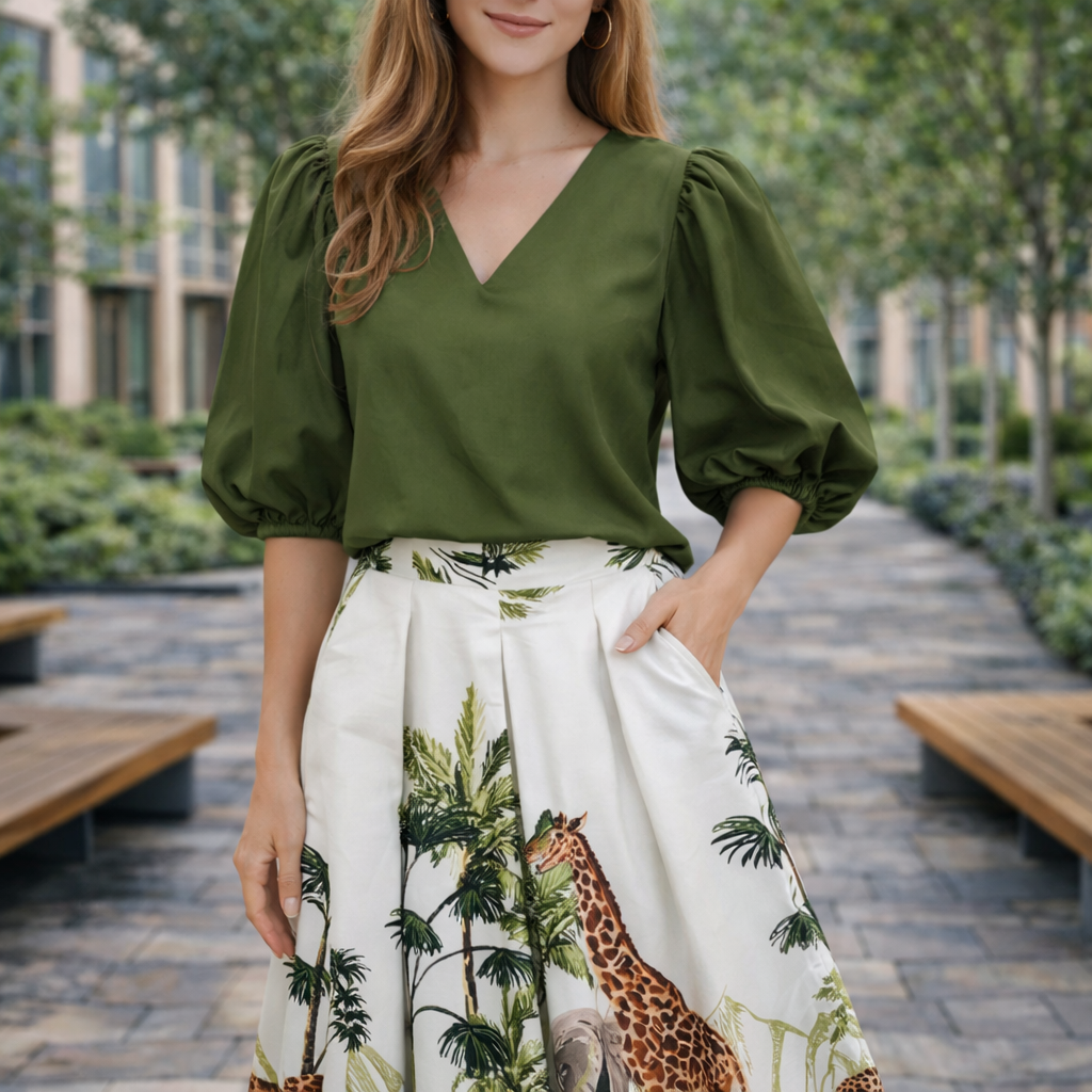 Conjunto Midi Estampado Tropical con Jirafa