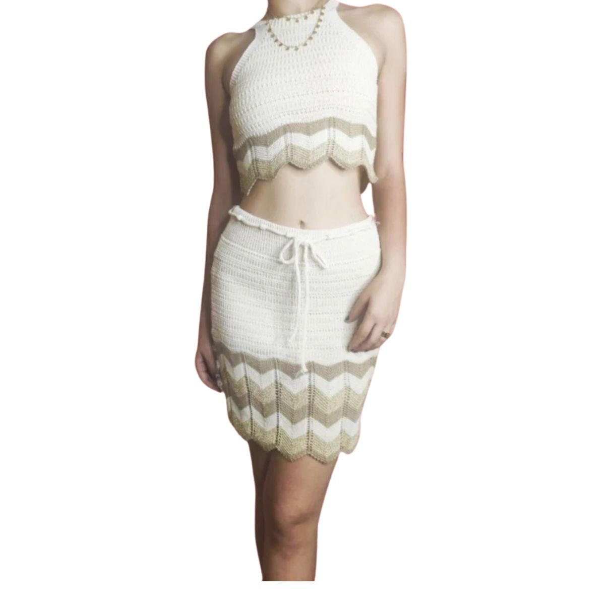CONJUNTO de crochet Modelo CRISTINA: Falda +  top. Colores combinados: beige, tostado y dorado
