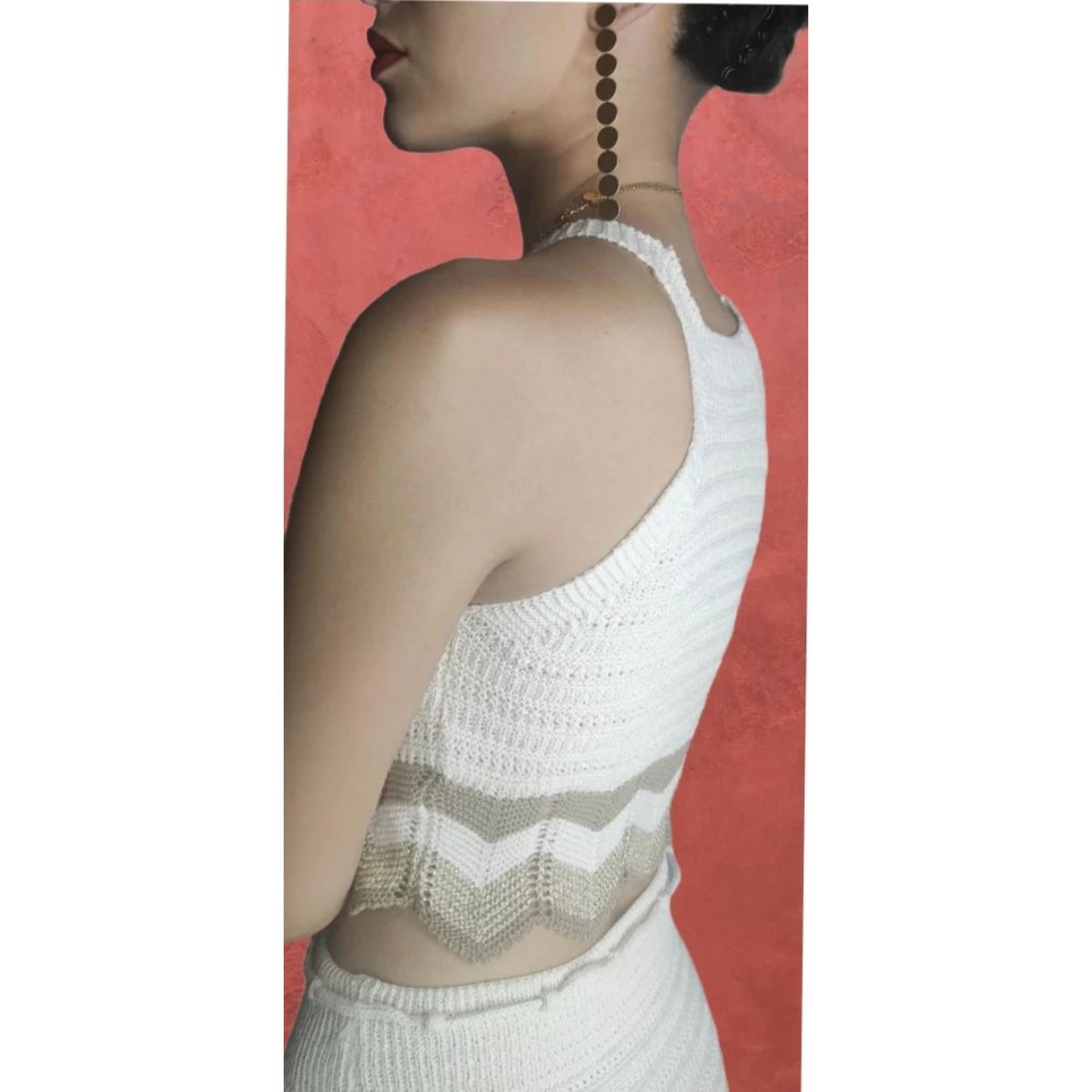 CONJUNTO de crochet Modelo CRISTINA: Falda +  top. Colores combinados: beige, tostado y dorado