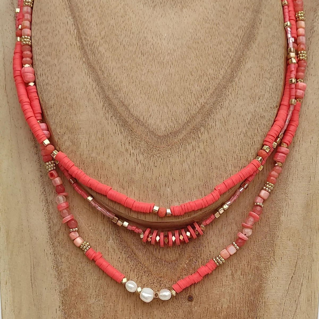 Gargantilla Boho Chic de 3 Filas | Arcilla Polimérica Salmón y Turquesa | Handmade