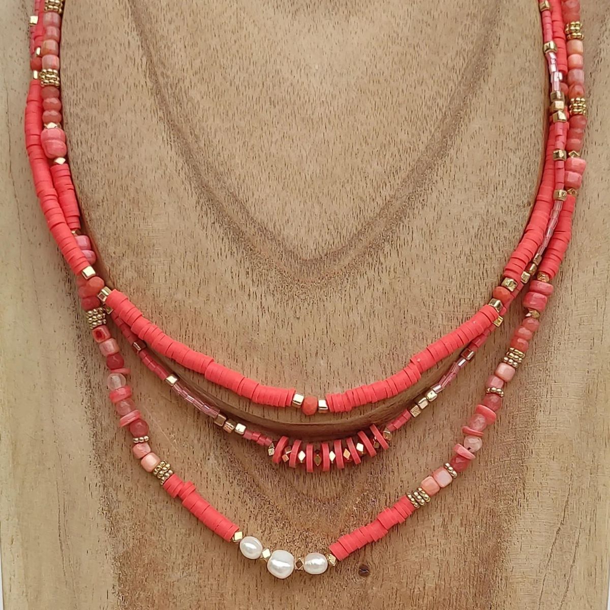 Gargantilla Boho Chic de 3 Filas | Arcilla Polimérica Salmón y Turquesa | Handmade