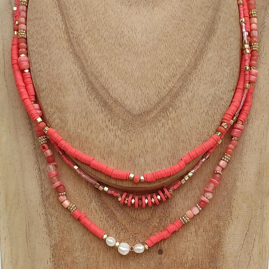Gargantilla Boho Chic de 3 Filas | Arcilla Polimérica Salmón y Turquesa | Handmade