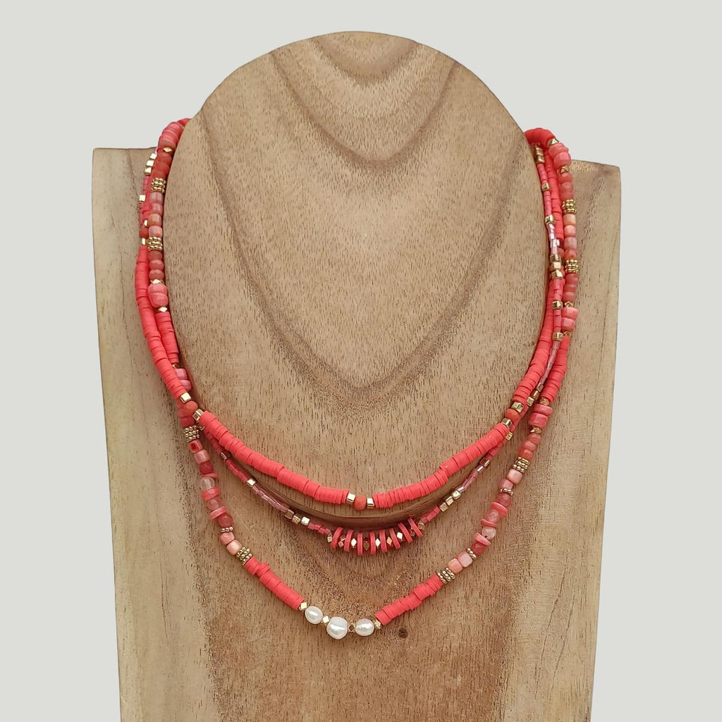 Gargantilla Boho Chic de 3 Filas | Arcilla Polimérica Salmón y Turquesa | Handmade