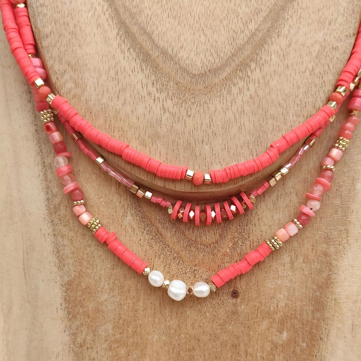 Gargantilla Boho Chic de 3 Filas | Arcilla Polimérica Salmón y Turquesa | Handmade