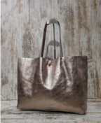 Bolso Tote bag de piel metalizada en color ORO, PLATA y BRONCE, grande. Piel muy suave