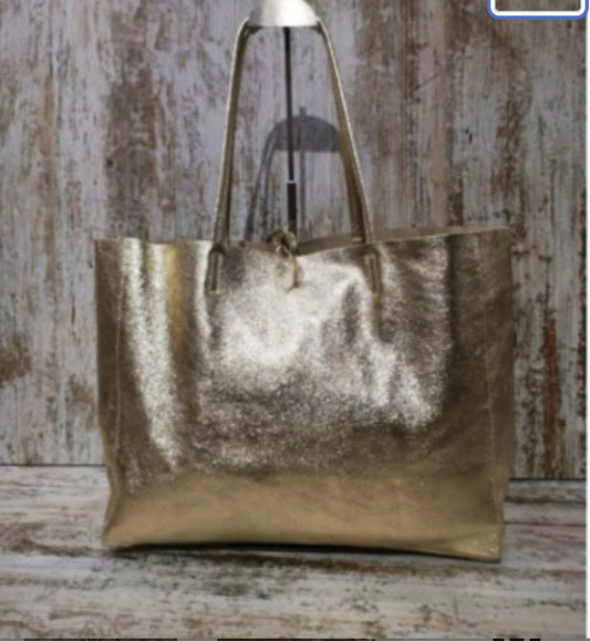 Bolso Tote bag de piel metalizada en color ORO, PLATA y BRONCE, grande. Piel muy suave