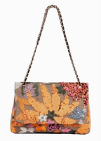 Bolso Tote de lentejuelas en tonos naranjas y verde militar. Con cadenas para colgar al hombro