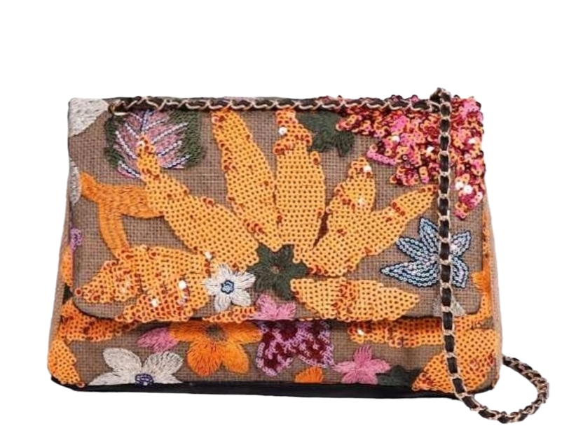 Bolso Tote de lentejuelas en tonos naranjas y verde militar. Con cadenas para colgar al hombro