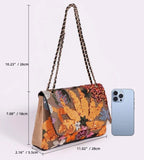 Bolso Tote de lentejuelas en tonos naranjas y verde militar. Con cadenas para colgar al hombro