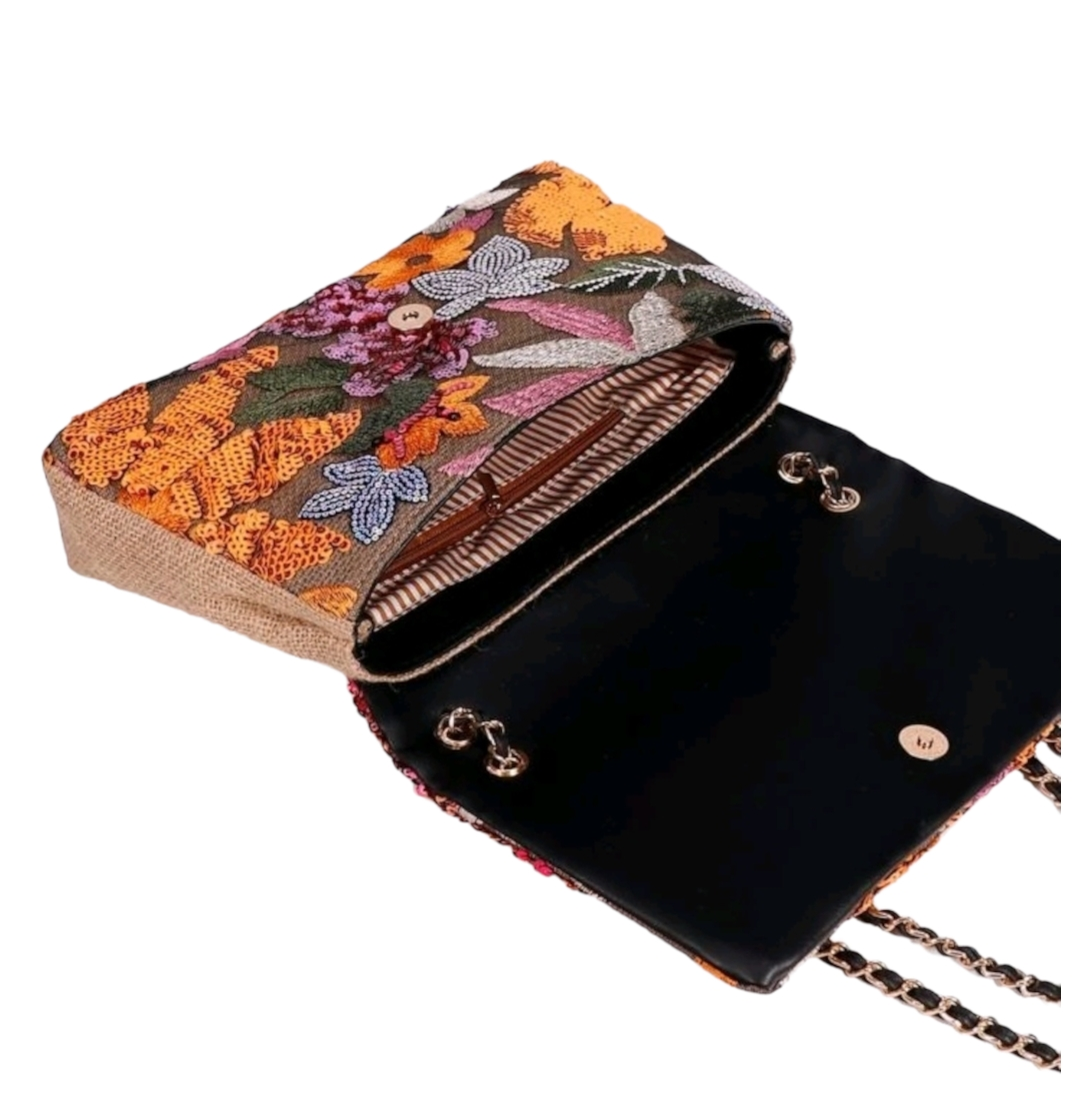 Bolso Tote de lentejuelas en tonos naranjas y verde militar. Con cadenas para colgar al hombro