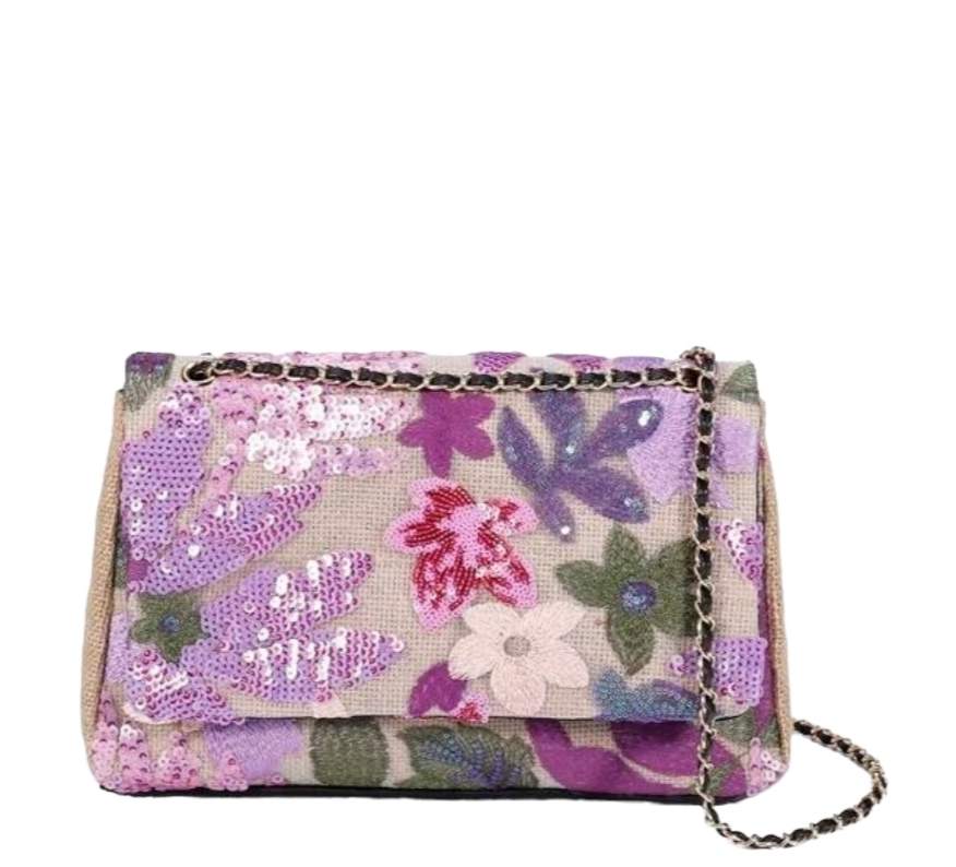 Bolso Tote de lentejuelas en tonos naranjas y verde militar. Con cadenas para colgar al hombro