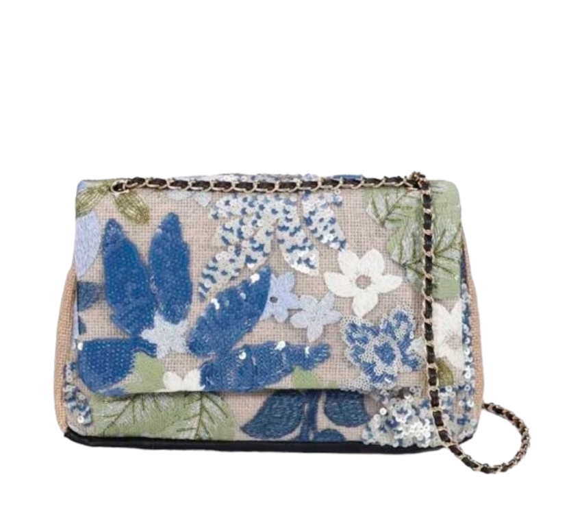 Bolso Tote de lentejuelas en tonos naranjas y verde militar. Con cadenas para colgar al hombro