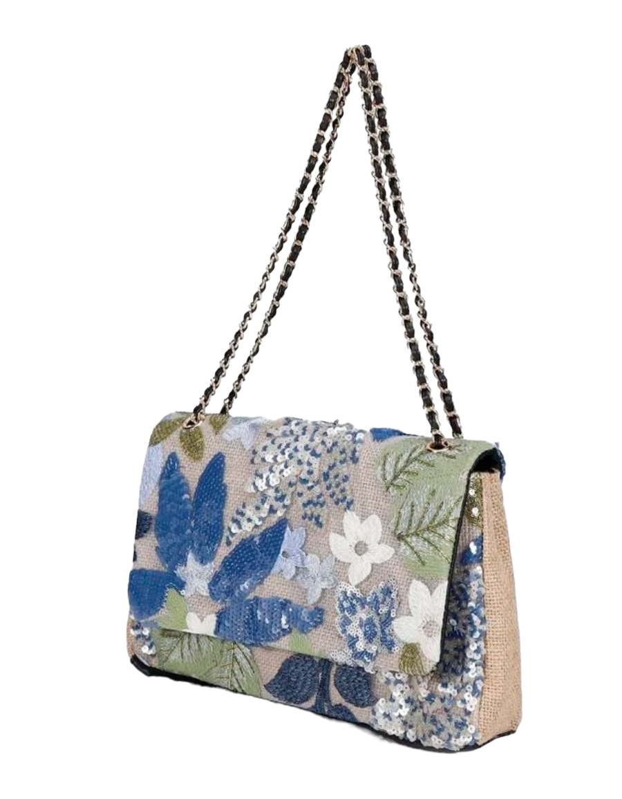 Bolso Tote de lentejuelas en tonos naranjas y verde militar. Con cadenas para colgar al hombro