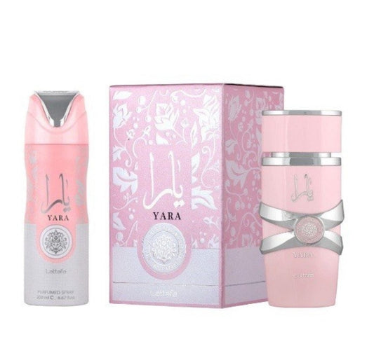 Pack: Perfume Yara 100 ml + Desodorante Yara 200 ml a juego .Original de Lataffa. 100 ml. Perfume árabe mujer. ALTA PERFUMERÍA