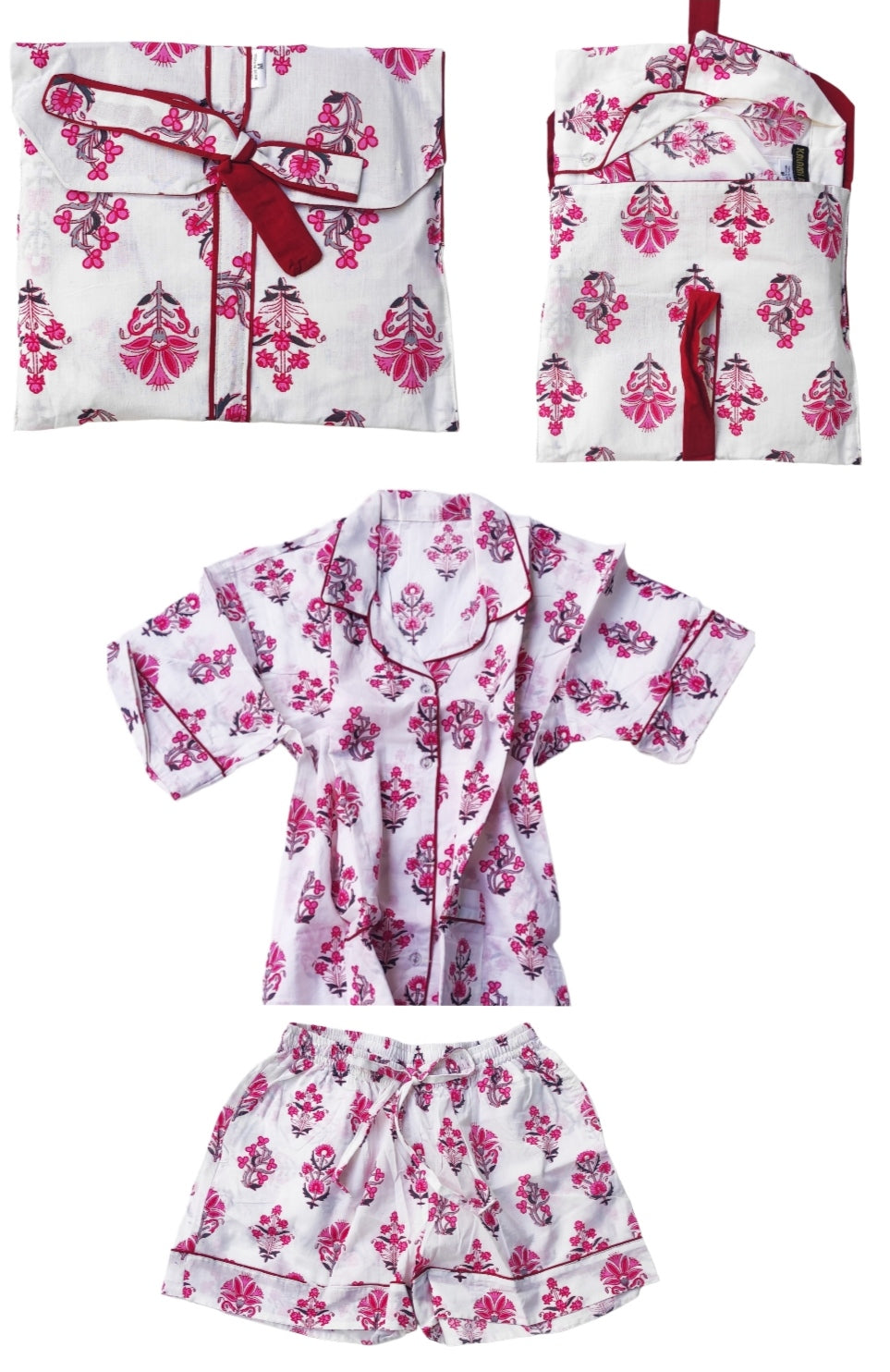 Pijama de mujer. Colores blanco, rosa y granate. Algodón 100%. Bolsa a juego para guardarlo.