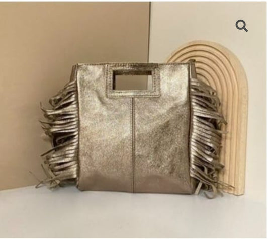 Novelty!! Tote Bag with fringes, made of soft leather in Gold, Silver. or Bronze.