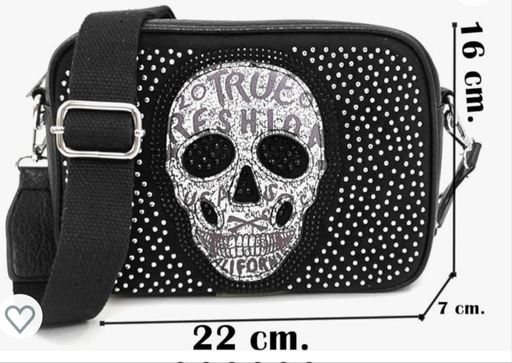 BANDOLERA de calavera con pedrería: Elegancia gótica en piel PU