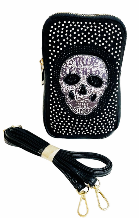 CALAVERA mobile phone bag with rhinestones. PU leather material. Mobile Crossbody bag.