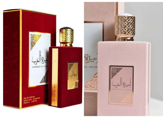 PACK de 2 PERFUMES PRINCESAS ÁRABES: 1 ROJO + 1 ROSÉ PRIVÉ. Ameerat Al Arab Prive Rose . Lataffa Original. 100 ml. Perfume árabe mujer. Alta durabilidad. Perfume seducción