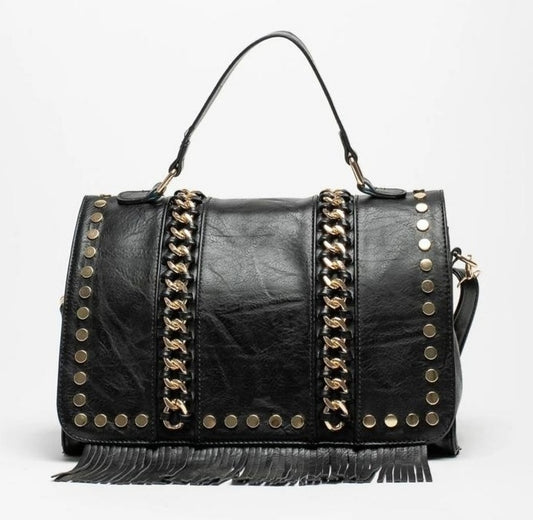 Black bag decorated with gold chains and fringes