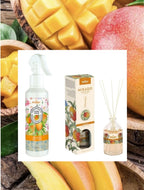 Pack Ambientador + Mikado olor MANGO duradero. 100 ml. Frasco de cristal