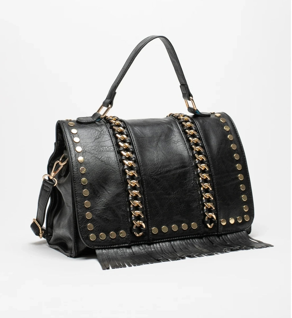 Black bag decorated with gold chains and fringes