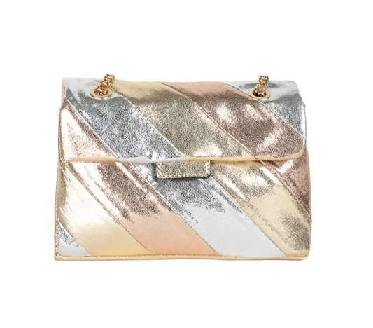 Bag in metallic tones: gold, silver and champagne. PU leather material. Crossbody bag.