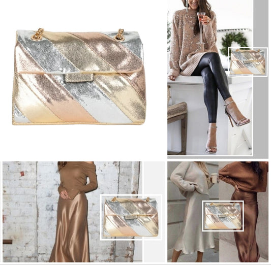 Bag in metallic tones: gold, silver and champagne. PU leather material. Crossbody bag.