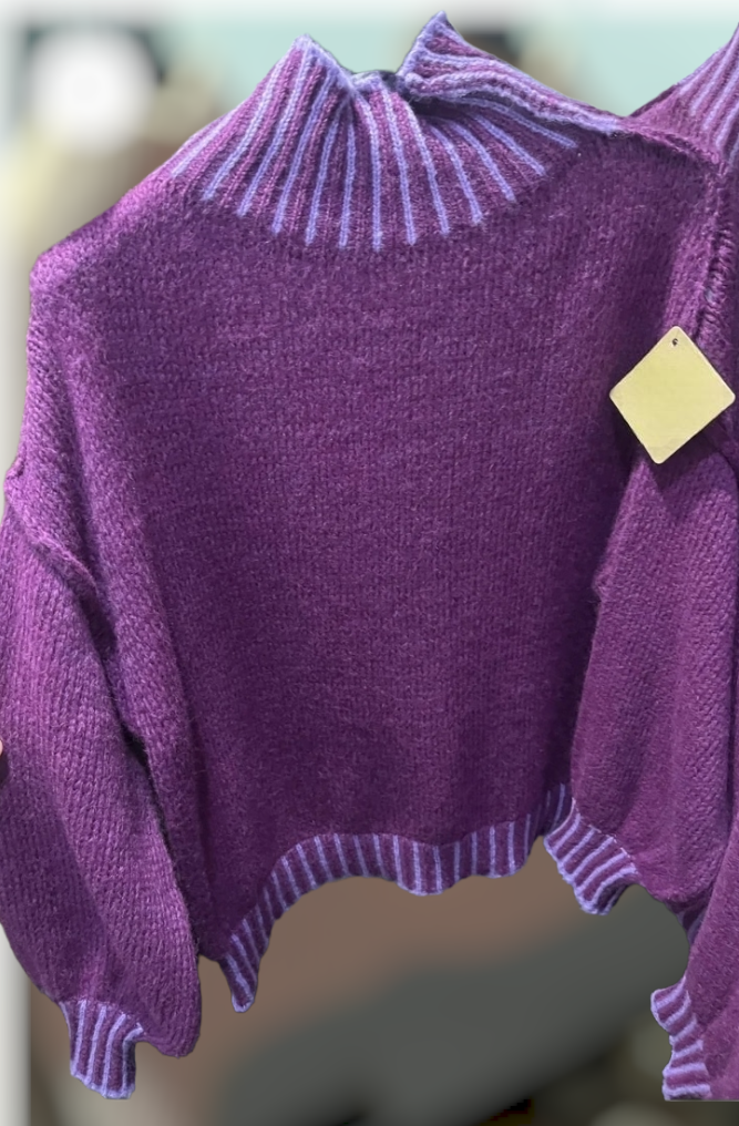 Snuggleable sweater. Available in gray and purple. Novelty