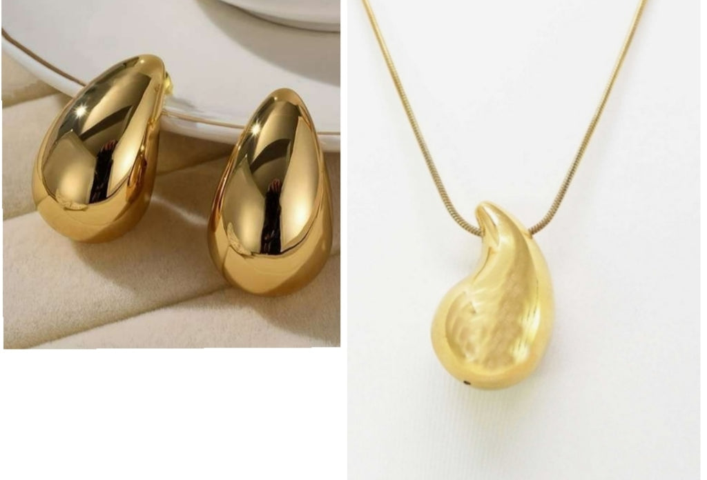 Pendientes de gota de acero inoxidable oro + colgante a juego. Tamaño grande.