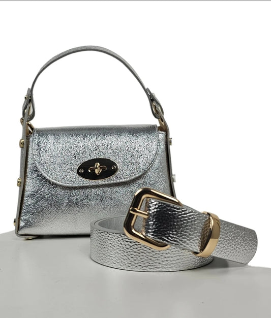 SILVER Belt + Matching Bee Bag. Metallic leather.