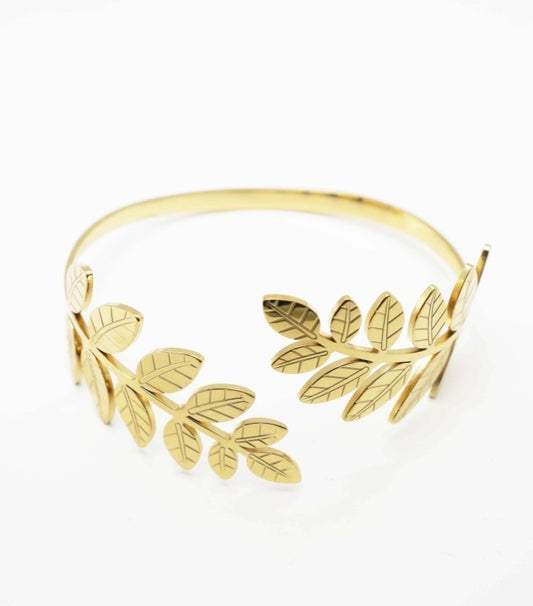 Pulsera de hojas en Acero Inoxidable Oro. Pulsera Rígida ajustable