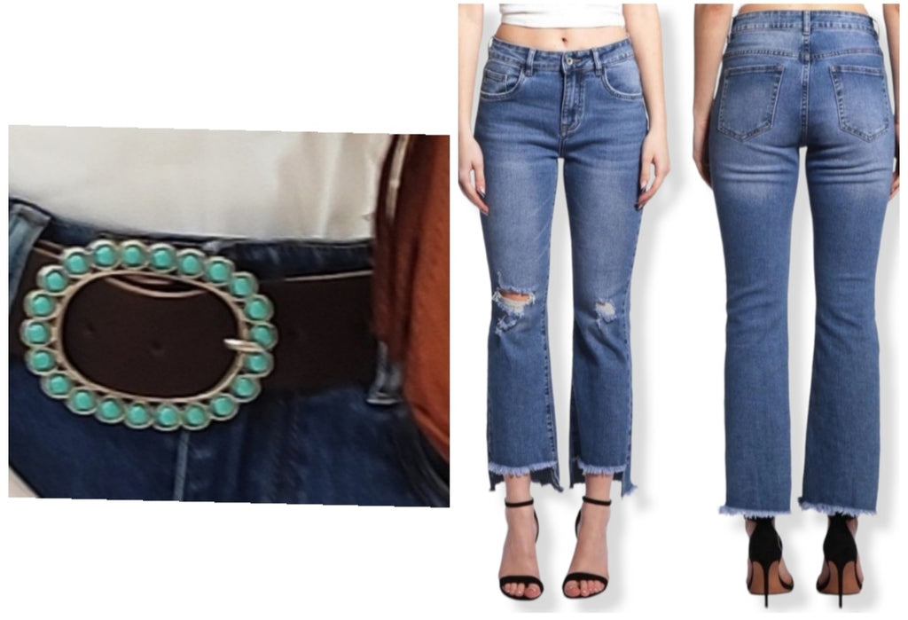 Cinturón de piel con Hebilla OVALADA con incrustaciones turquesas. Pantalón vaquero también disponible en talla S.