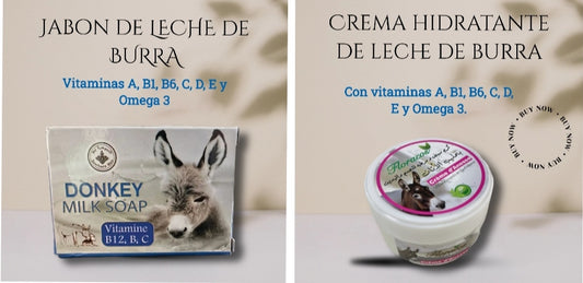 Pack 1 Jabón  + 1 crema de Leche de Burra. Con concentraciones muy altas de aminoácidos, vitaminas A, B1, B6, C, D, E y Omega 3. Fundamental en el cuidado de la piel