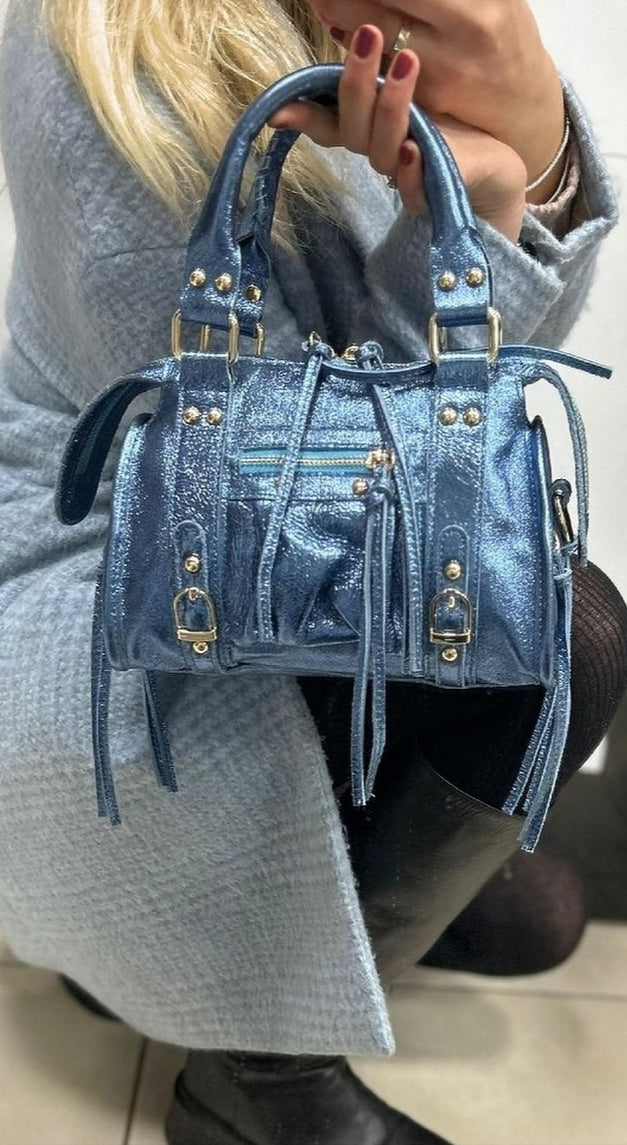Bolso de piel auténtica en AZUL METALIZADO: Inspiración Balenciaga