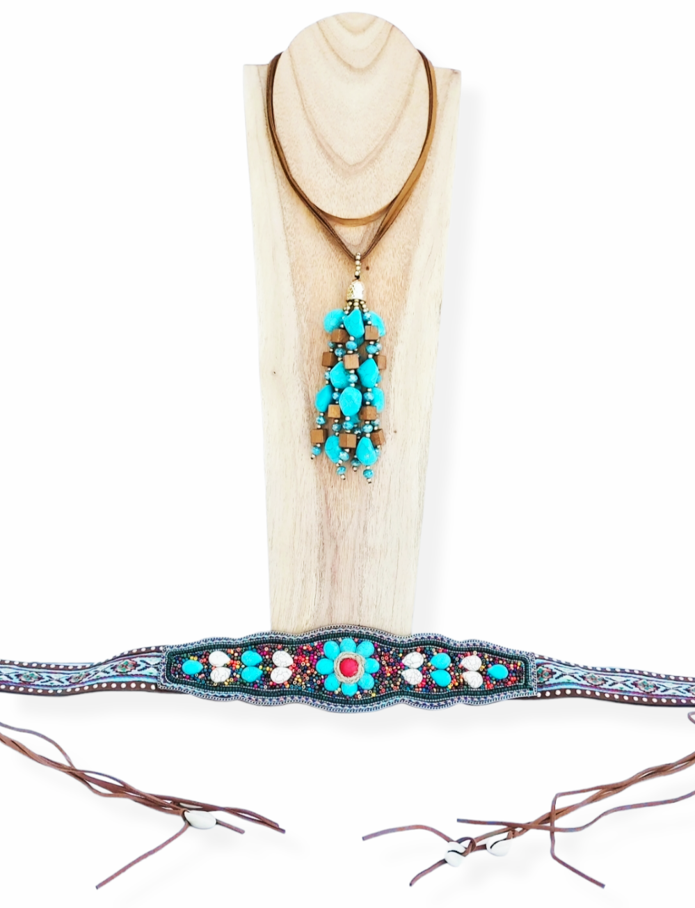 Pack: Coordinated turquoise blue boho necklace + belt